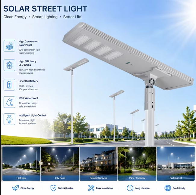 Solar streetlight installed on a pole for outdoor road lighting